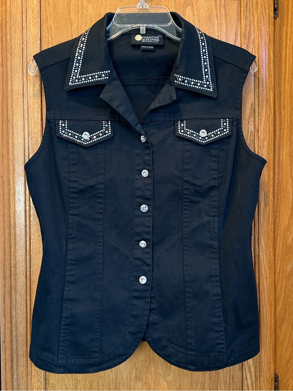 Christine Alexander Black Denim Vest With Sparkly Crystals and Black Studs Sz L